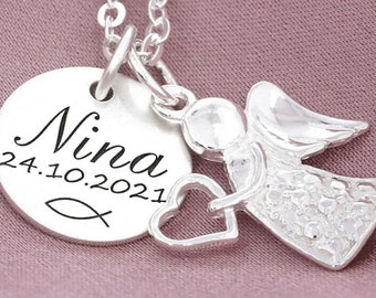 Baptism Necklace With Angel And Engraving, Baptism Jewelry Silver