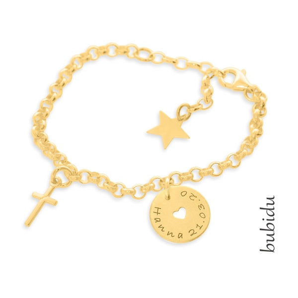 Children's Bracelet Gold Plated Gift Godchild Baptismal Jewelry CommunionBracelet Engraving Baptism Baptism Heart Cross Pendant