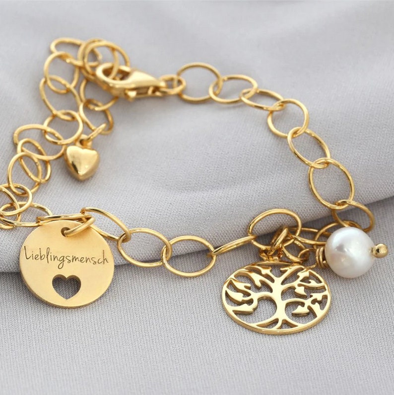 Women's bracelet engraving gold bracelet tree of life gift godmother mom charm bracelet gold name bracelet BFF jewelry text bracelet birth image 1