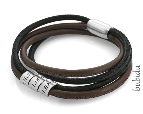 Mens black leather bracelet best sale engraved