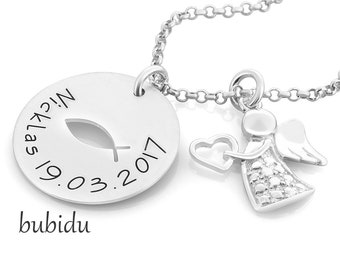 BAPTISM CHAIN ENGRAVING Christening jewelry angel name necklace baptism silver chain boy girl gift jewelry birth Ichthys name jewelry baby