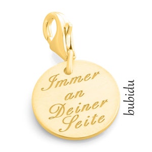 Charm mit Gravur Taufanhänger Goldanhänger Text Goldcharm Schmuck Text Charms Taufe Geburt Wunschtext Karabiner Gravurplatte Namensanhänger Bild 4