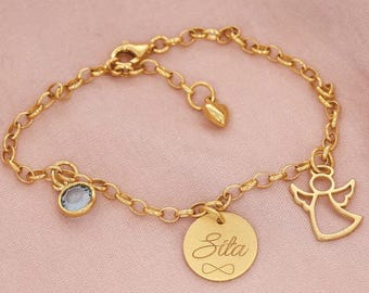 Baby Taufe Gravur Herz Armband Mit Name Datum Gelb- Gold 333 Mit Weißgold Engel