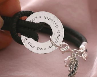 Bracelet with engraving - leather bracelet 4 mm jewelry designer bracelet handmade silver jewelry - wrap bracelet women & gift wife wings