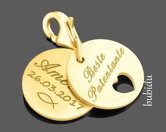 Charm Gravur Gold Geschenk Patentante Anhänger Namen Goldschmuck Damen Namensanhänger Herz Schlüsselanhänger Taufe Charms Paten Schmuck