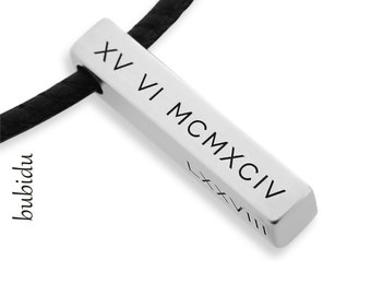 Men's chain engraving Roman numerals numbers leather chain 925 silver bars men's jewelry text men's jewelry men's chain bars gift man