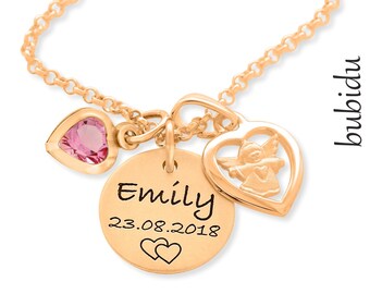 Taufkette Gravur Schutzengel Engel Namenskette rosé vergoldet Herz Engel Anhänger Geschenk Taufe Kommunion Konfirmation Kinderkette rosé