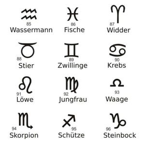 Puede incluir: Ilustraciones en blanco y negro de los 12 signos del zod&iacute;aco con sus nombres alemanes correspondientes. Los signos est&aacute;n dispuestos en una cuadr&iacute;cula de cuatro filas y tres columnas. Los signos son: Acuario, Piscis, Aries, Tauro, G&eacute;minis, C&aacute;ncer, Leo, Virgo, Libra, Escorpio, Sagitario y Capricornio.
