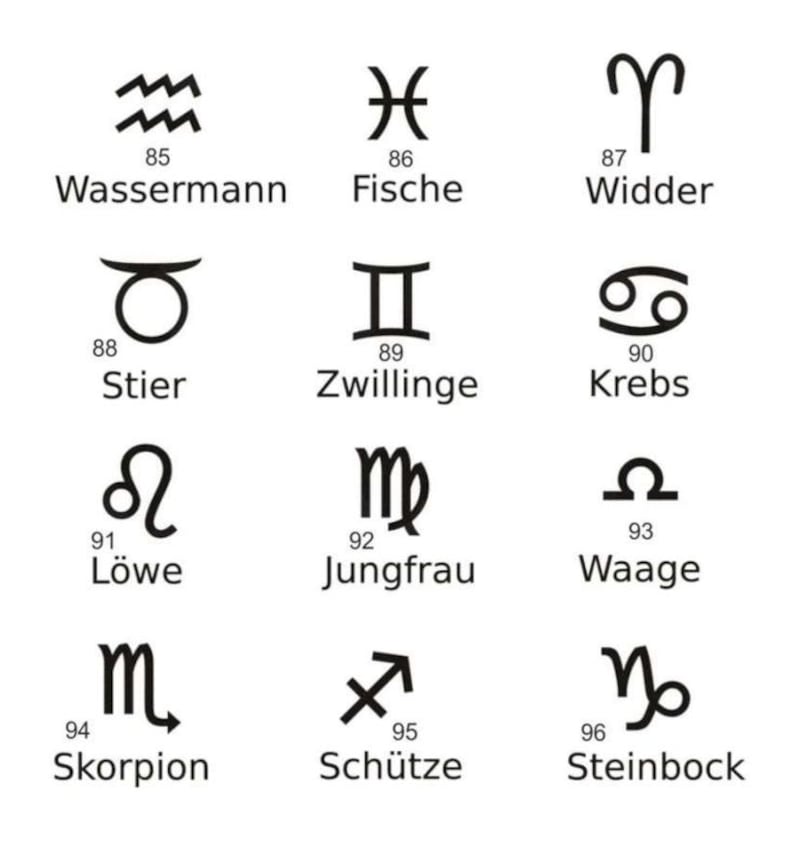Puede incluir: Ilustraciones en blanco y negro de los 12 signos del zod&iacute;aco con sus nombres alemanes correspondientes. Los signos est&aacute;n dispuestos en una cuadr&iacute;cula de cuatro filas y tres columnas. Los signos son: Acuario, Piscis, Aries, Tauro, G&eacute;minis, C&aacute;ncer, Leo, Virgo, Libra, Escorpio, Sagitario y Capricornio.