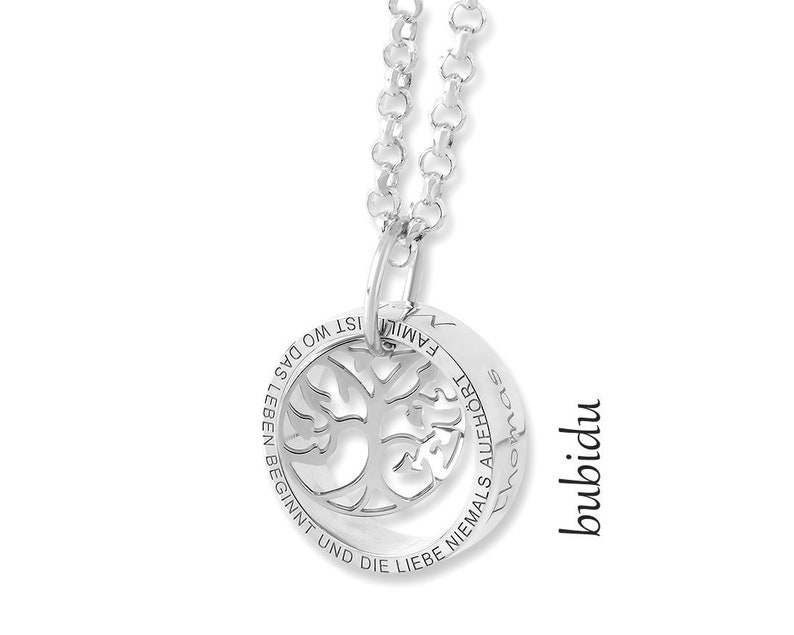 Designer Kette Gravur Namenskette Lebensbaum Familienkette Namen Silber Collier Ring mit Spruch Silberkette Baum des Lebens Ringkette BUBIDU Bild 1