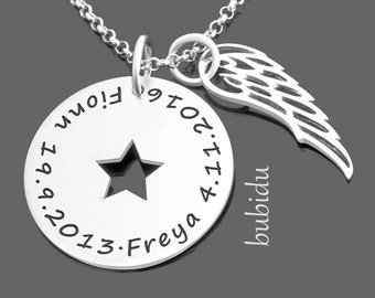 Namenskette Silber Flügel Silberschmuck Gravur Damenkette Geburt Kinder Familie Schmuck Namen Damenschmuck Collier Stern Silberkette