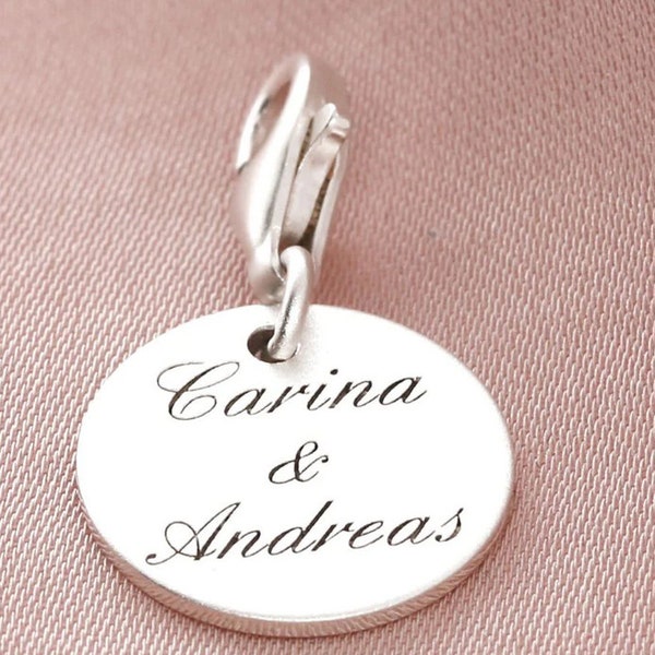 Charm mit Gravur 925er Sterling Silber, Schmuck Anhänger Spruch Wunschtext Namen Daten,personalisierter Anhänger 1,3cm mattiert oder poliert