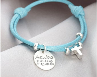 Baptism bracelet with name engraving, cotton bracelet with cross