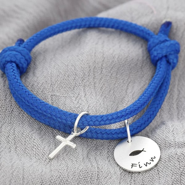 Bracelet baptême garçon gravure bleu bijoux baptême Ichthys Cross bracelet enfant argent 925 personnalisé voile corde baptême poisson