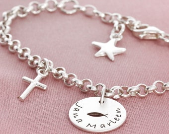 Bracelet de baptême 925 bracelet de gravure en argent Ichthys coeur croix pendentif nom bracelet argent communion bracelet pour enfants baptême de bébé