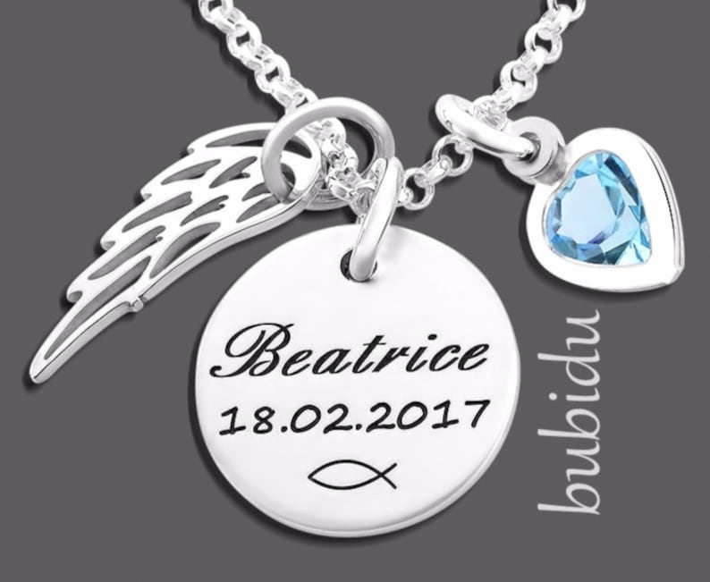 CHILDREN CHAIN SILVER christening jewelry engraving christening gift personalized name chain baptism wing heart jewelry baby name godchild image 3