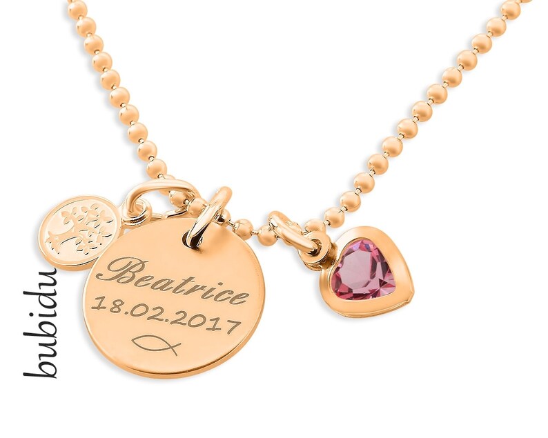 Taufkette Rosegold, Taufschmuck Gravur, Geschenk Geburt Taufe Kommunion Geburtstag , Anhänger Lebensbaum, Herzkristall, Namenskette Daten Bild 2