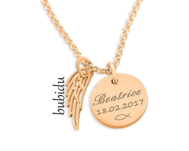 TAUFKETTE MIT FLÜGEL Taufschmuck Gravur Rosegold Taufe Kette Mädchen Taufgeschenk Schmuck zur Geburt Engelsflügel Namenskette Rosé Geschenk Bild 4