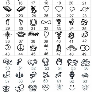 Puede incluir: Ilustraciones en blanco y negro de varios s&iacute;mbolos y dise&ntilde;os. Las im&aacute;genes est&aacute;n numeradas del 1 al 84. Los s&iacute;mbolos incluyen corazones, animales, flores, s&iacute;mbolos religiosos y m&aacute;s.