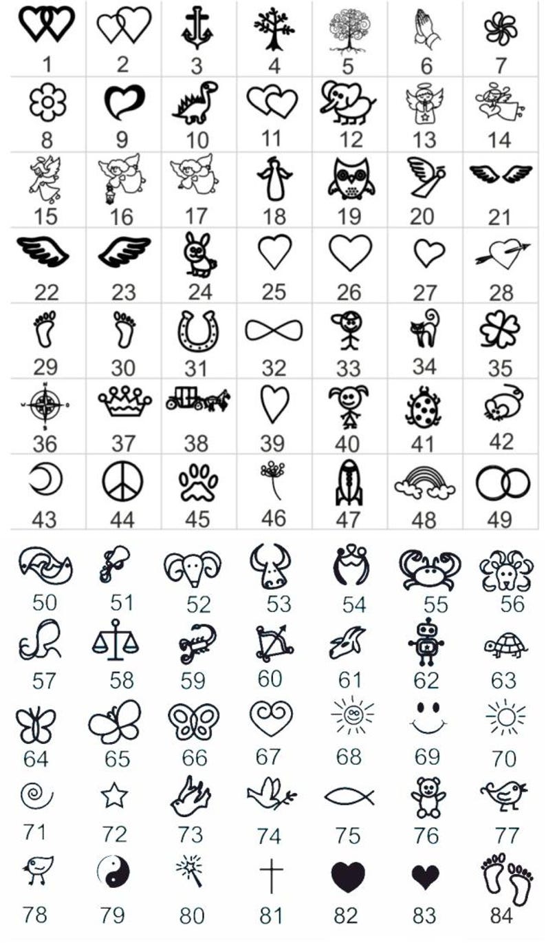 Puede incluir: Ilustraciones en blanco y negro de varios s&iacute;mbolos y dise&ntilde;os. Las im&aacute;genes est&aacute;n numeradas del 1 al 84. Los s&iacute;mbolos incluyen corazones, animales, flores, s&iacute;mbolos religiosos y m&aacute;s.