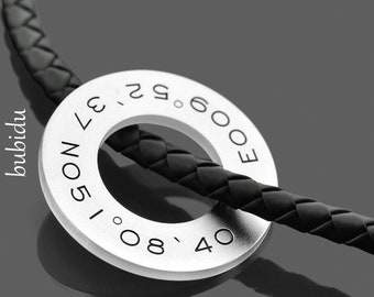 COORDINATES NECKLACE MEN ring pendant round engraving men's jewelry desired engraving men's jewelry gift friend 925 silver disc rubber