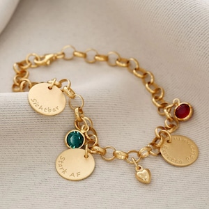 Bracelet gold engraving, family bracelet with name, charm bracelet, gold-plated silver bracelet, month stone, heart pendant image 1