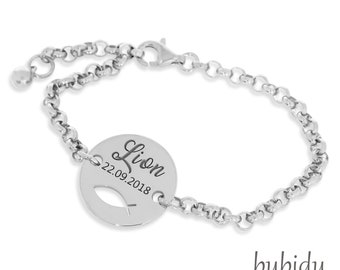 Silberarmband Gravur Geschenk Taufe Kommunion Kinderschmuck Taufarmband Namensarmband 925 silber Tauffisch Ichthys Geschenk Junge Mädchen