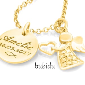 Christening necklace with angel, baptism jewelry gold engraving, baby children&#39;s jewelry, gold-plated silver name necklace, gift godparents