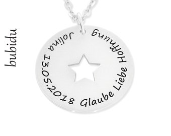 Namenskette 925 Silber Kette Gravur mit Wunschtext Spruch Vers Sternanhänger Geschenk zur Taufe Kommunion Konfirmation Kind personalisiert