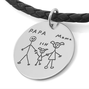 own drawing men&#39;s necklace leather with own design individual engraving jewelry mom dad handwriting children&#39;s drawing sketch men&#39;s necklace