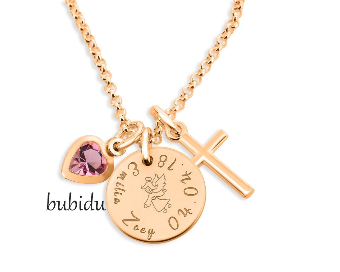 Baptism necklace rose gold baptism jewelry cross heart engraving angel gift godchild name necklace 925 silver rose gold plated children's necklace girl