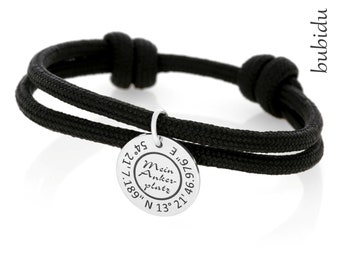 Armband schwarz Gravur Männer - Segelseil Koordinaten Schmuck Anhänger - personalisiertes Armband unisex Segeltau Herren Damen Schmuck Name