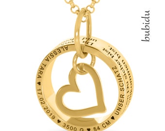 Familien Kette Gravur Gold Namen Geburtsdaten Geschenk Geburt Mama Baby Taufe Kommunion Konfirmation Geschenk Herz Kette Ring 925 Silber