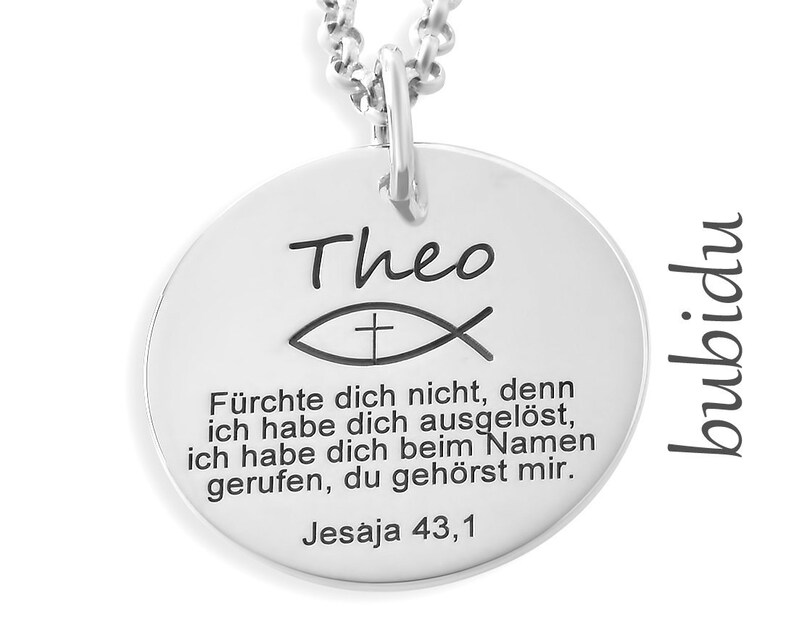 Taufkette Silber, Taufschmuck Jungen, Namenskette mit Gravur Taufgeschenk mit Taufspruch und Tauffisch Ichthys Kreuz Bild 1