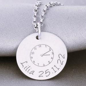 Birth clock pendant 17mm with time silver gold plated engraving name birth time date, birth jewelry for mom gift baby birthday