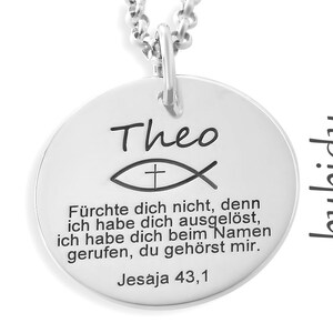 Taufkette Silber, Taufschmuck Jungen, Namenskette mit Gravur Taufgeschenk mit Taufspruch und Tauffisch Ichthys Kreuz Bild 3