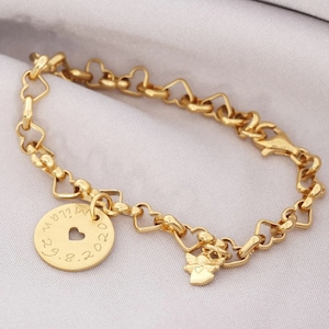 Bracelet coeur doré gravure pendentif coeur prénom ange bijoux 925 argent sterling pierre de naissance bracelet réglable Baptême Naissance image 1