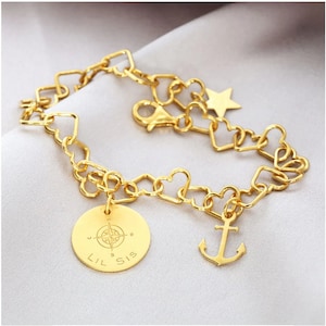 Coordonnées bracelet femme, bijou mariée or, bracelet coeur, bijou ancre, boussole bijoux argent gravure dorée image 1