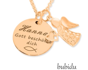 May include: Gold necklace with a round pendant that says "Hanna Gott beschütze dich" with a fish symbol and an angel charm with a heart.