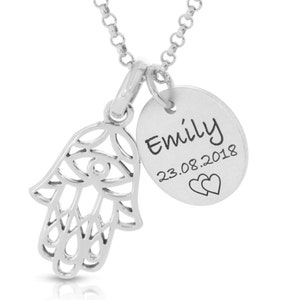 Kette Fatima Hand Gravur Silber - Schmuck Name Geschenk - Halskette Damen Namenskette Fatimas Hand 925 Silber Damenschmuck | personalisiert