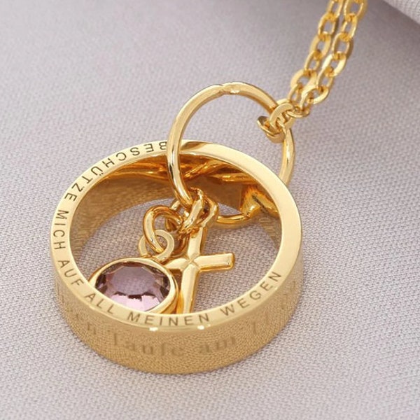 Name necklace Baptism Ring polished gift Engraved names Gold ring Baptism necklace cross chain Psalm jewelry Baptism cross birthstone BUBIDU