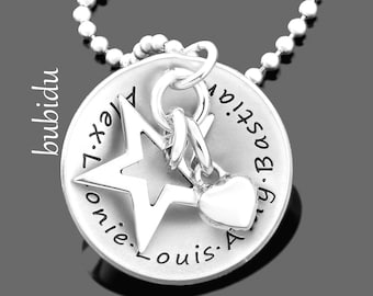 Name Necklace Silver Engraving Star Heart Birth Jewelry Gift for Mom Grandma Family Personalized