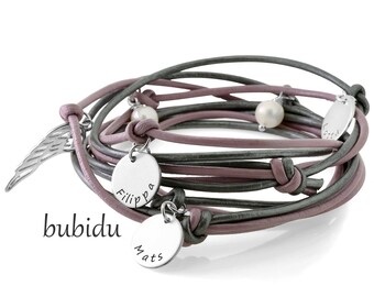 Engraved bracelet, women's bracelet, wrap bracelet, name bracelet, brown leather bracelet, family bracelet, leather silver disc, angel wing bracelet BUBIDU