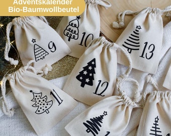 May include: A collection of beige cotton drawstring bags, each adorned with a black Christmas tree design and a number from 9 to 16. The bags are part of an Advent calendar set, perfect for holiday gifting.