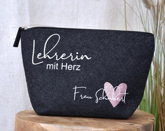 personalisierte Tasche aus Filz | Lehrerin mit Herz und Namen | Glitzer | Lehrerin Geschenk Abschied