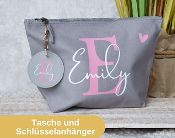 personalisierte Tasche aus Canvas-Baumwolle mit Schlüsselanhänger | Buchstabe und Namen | Kosmetiktasche mit Initialien | Geschenkset