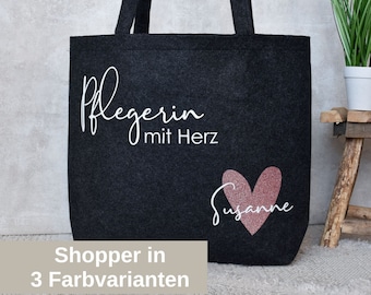 personalisierter Shopper aus Filz | Pflegerin mit Herz und Namen | Glitzer | Dankeschön | Geschenk zum Abschied