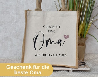 Jute Shopper "Glück ist... Oma" | Shoppingtasche aus Baumwolle und Jute | Geschenk Tasche für die Beste Oma | Geschenkidee Enkel