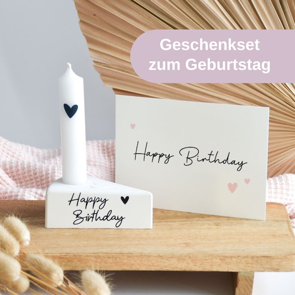 Tortenstück Kuchen zum Geburtstag "Happy Birthday" | Kerzenständer Geburtstagsgeschenk mit Karte | kleines Geschenk - Geburtstagskerze