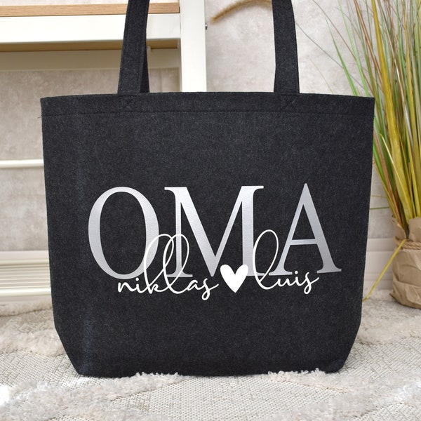 Geschenk für Oma mit den Namen der Enkel | Maxi Shopper aus Filz personalisiert | Geschenkidee der Enkelkinder zum Geburtstag